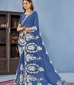 Blue floral embroidered organza saree