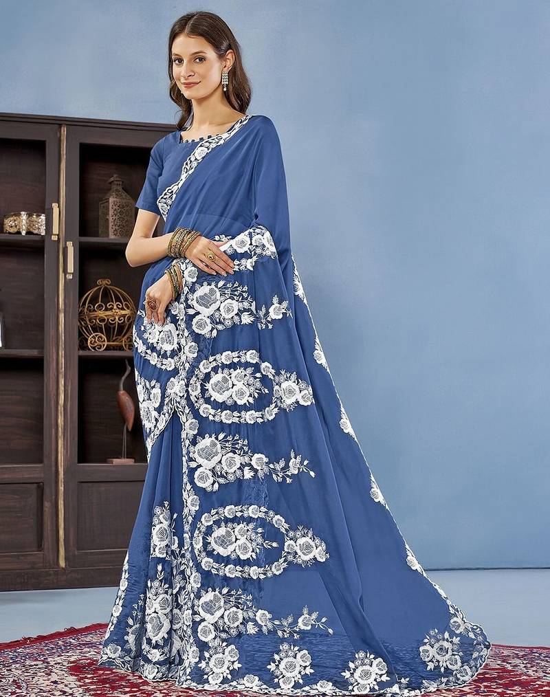 Blue floral embroidered organza saree