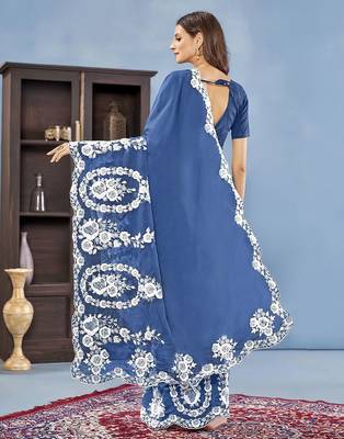 Blue floral embroidered organza saree 2