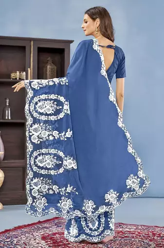 Blue floral embroidered organza saree
