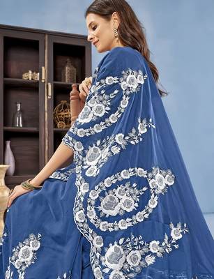Blue floral embroidered organza saree 3