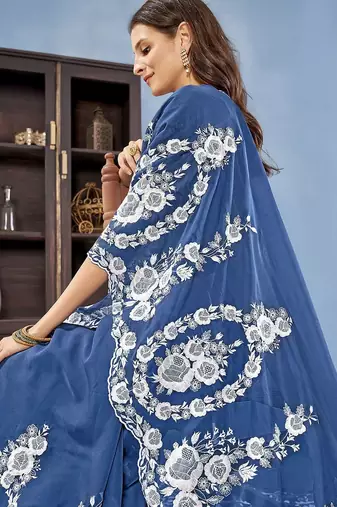 Blue floral embroidered organza saree