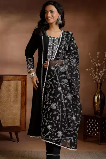 women ethnic motifs embroidered regular thread work kurta with trousers & with dupatta
