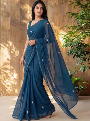 Teal floral embroidered poly georgette designer saree 1