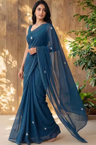 Teal floral embroidered poly georgette designer saree