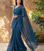 Teal floral embroidered poly georgette designer saree