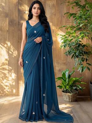Teal floral embroidered poly georgette designer saree 2