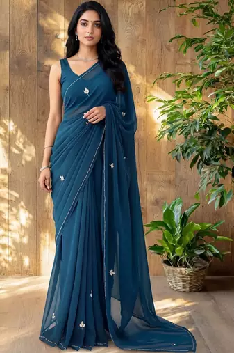 Teal floral embroidered poly georgette designer saree
