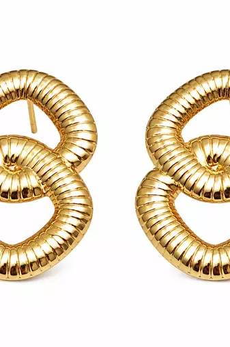 Gold-toned double ring ribbed stud earrings, anti-tarnish