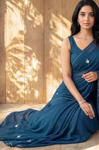 Teal floral embroidered poly georgette designer saree