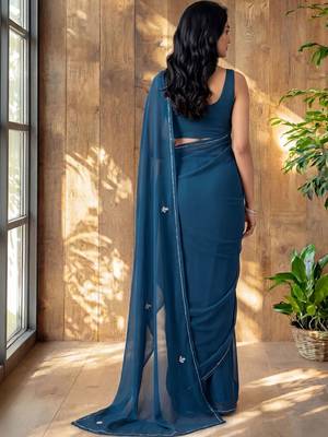 Teal floral embroidered poly georgette designer saree 4