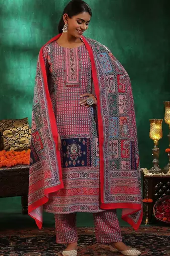 women ethnic motifs printed regular linen kurta with trousers & with dupatta
