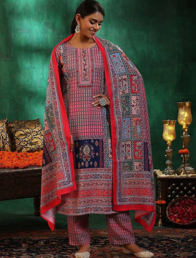 women ethnic motifs printed regular linen kurta with trousers & with dupatta
