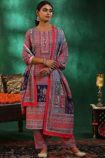 women ethnic motifs printed regular linen kurta with trousers & with dupatta