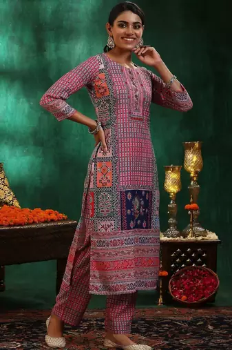 women ethnic motifs printed regular linen kurta with trousers & with dupatta