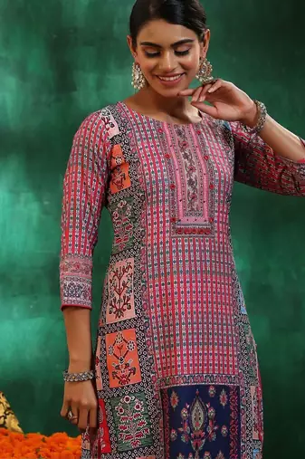 women ethnic motifs printed regular linen kurta with trousers & with dupatta