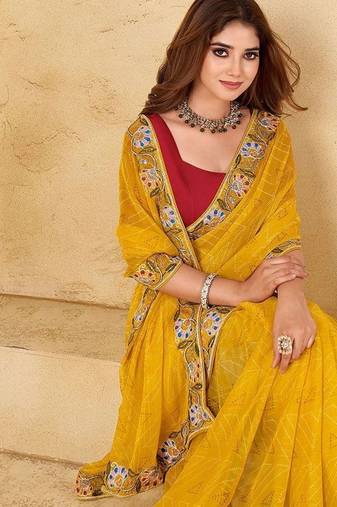 Yellow bandhani embroidered  chiffon bandhani saree