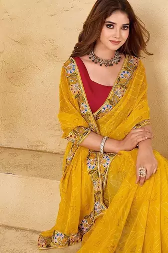 Yellow bandhani embroidered  chiffon bandhani saree