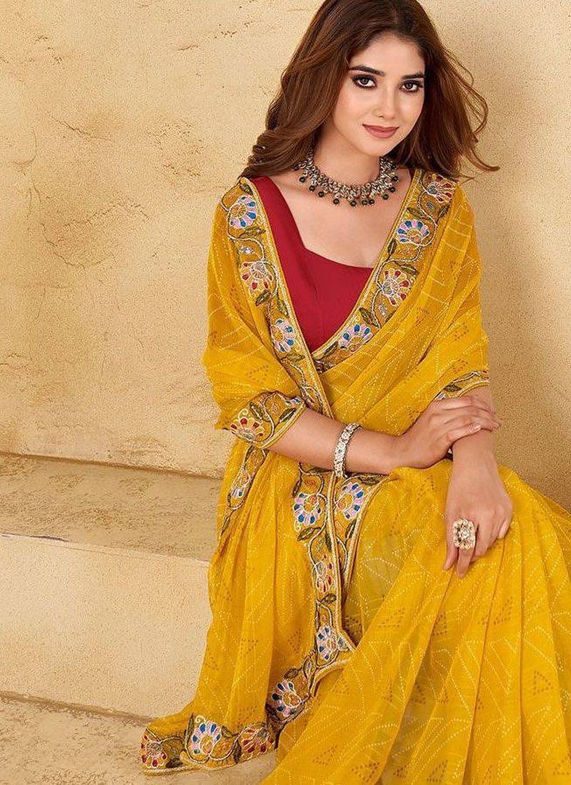 Yellow bandhani embroidered  chiffon bandhani saree