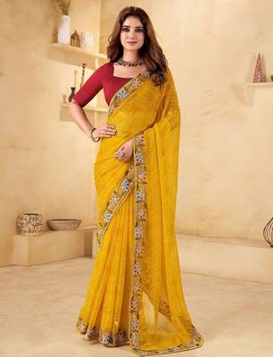 Yellow bandhani embroidered  chiffon bandhani saree 2