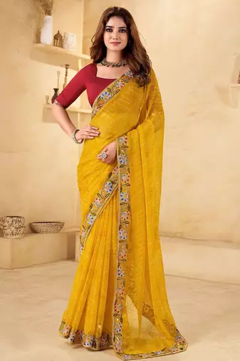 Yellow bandhani embroidered  chiffon bandhani saree