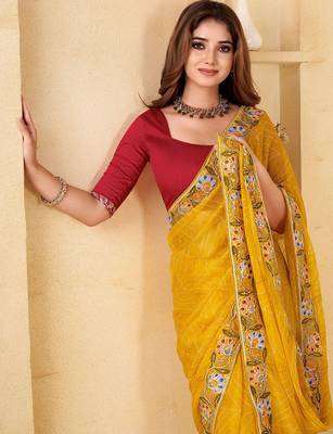 Yellow bandhani embroidered  chiffon bandhani saree 4