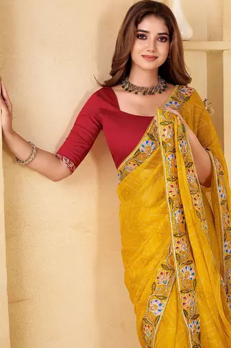 Yellow bandhani embroidered  chiffon bandhani saree