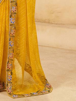 Yellow bandhani embroidered  chiffon bandhani saree 5