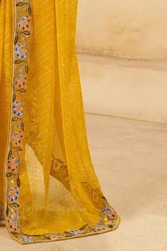Yellow bandhani embroidered  chiffon bandhani saree