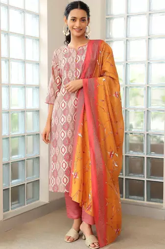 women printed regular kurta with trousers & with dupatta
