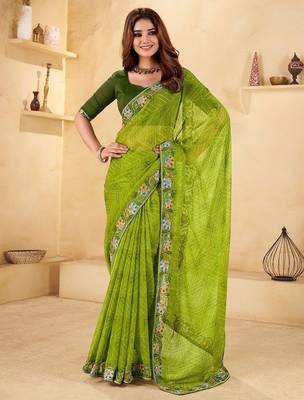 Green bandhani printed thread work  chiffon saree 1