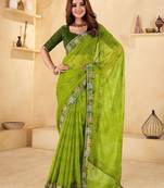 Green bandhani printed thread work  chiffon saree