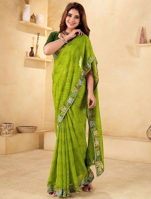Green bandhani printed thread work  chiffon saree 2
