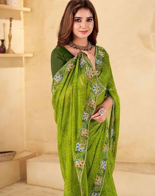 Green bandhani printed thread work  chiffon saree 3