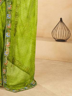 Green bandhani printed thread work  chiffon saree 5
