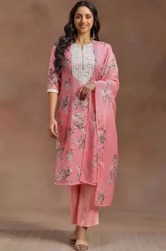 women floral printed regular thread work kurta with trousers & with dupatta