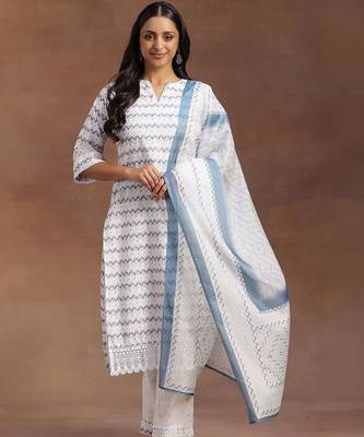 women printed regular kurta with trousers & with dupatta 1