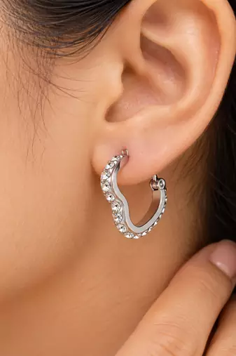 Heart shape crystal hoop earrings, silver tone, anti-tarnish
