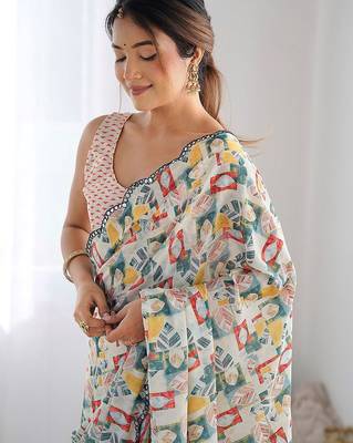 Cream printed mirror work embellished border saree 4