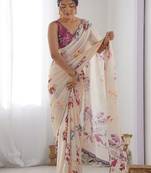 Cream floral printed embroidered mirror work saree