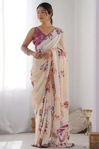 Cream floral printed embroidered mirror work saree