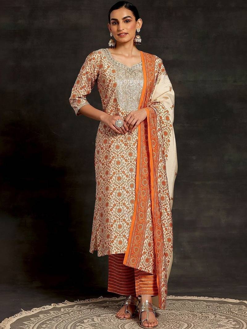 women floral printed regular sequinned kurta with trousers & with dupatta