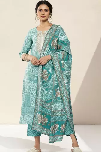women ethnic motifs printed regular thread work kurta with trousers & with dupatta