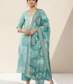 women ethnic motifs printed regular thread work kurta with trousers & with dupatta