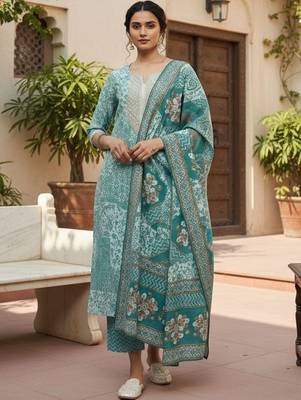 women ethnic motifs printed regular thread work kurta with trousers & with dupatta 5
