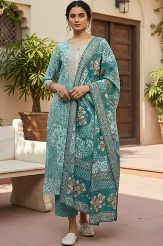 women ethnic motifs printed regular thread work kurta with trousers & with dupatta
