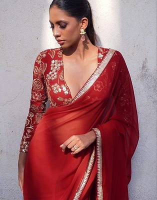 Maroon floral sequinned  georgette heavy work saree 1