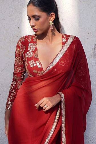 Maroon floral sequinned  georgette heavy work saree
