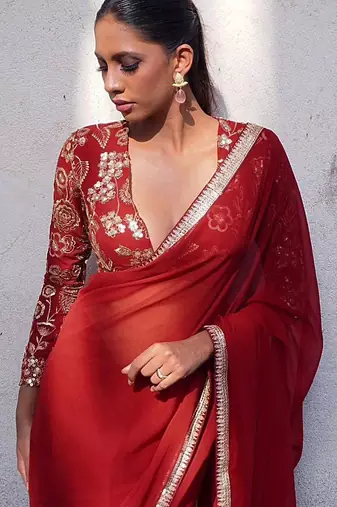 Maroon floral sequinned  georgette heavy work saree