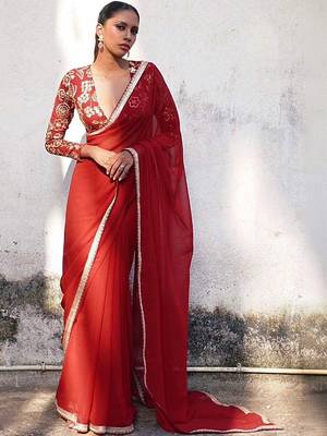 Maroon floral sequinned  georgette heavy work saree 2